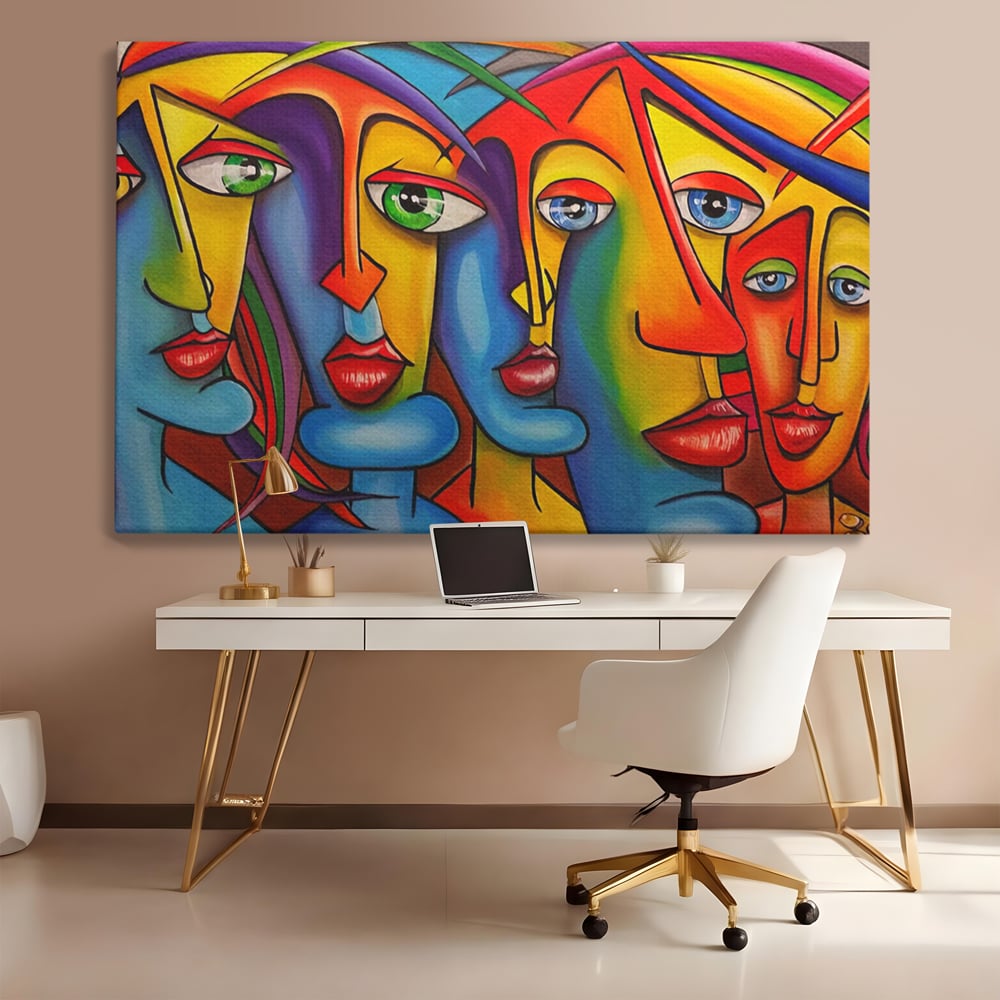 Tablou canvas cu tablou canvas cu fete abstracte colorate, fara rama, pe sasiu de lemn, pe perete intr-un birou